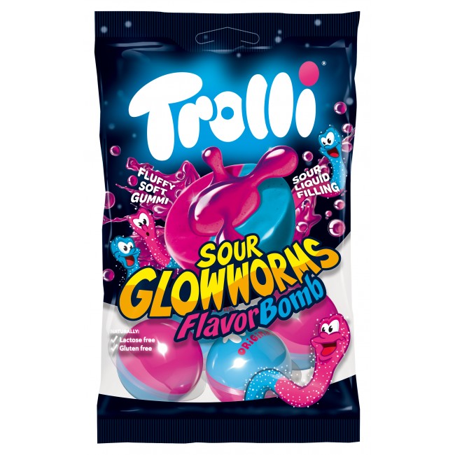 TROLLI 75g*SOUR GLOWWORMS*FL.BOMB ΖΕΛΕ Κ/21 (ΓΕΜΙΣΤΟ)