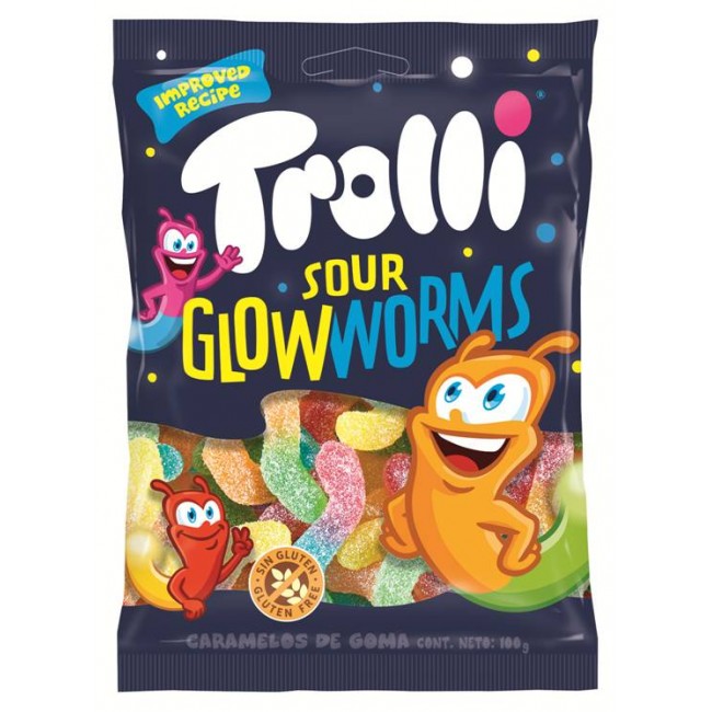 TROLLI*SOUR GLOWWORMS*100g.ΖΕΛΕ Κ/8x12τ.